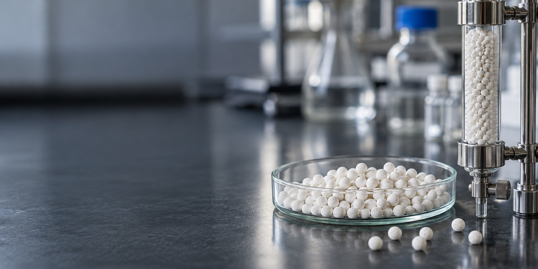 Macro commercial photograph of small porous white carrier beads in a shallow glass dish beside a small packed glass column on a real laboratory bench